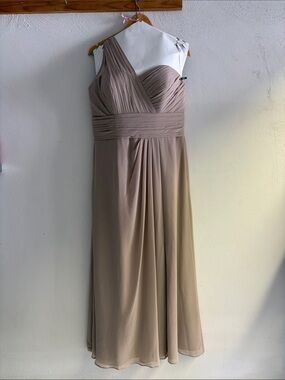 Bill Levkoff Taupe One-Shoulder Chiffon Gown